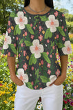 Womens Dark Green Large Floral Print Casual Waffle Cotton Shirt