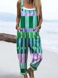 Wome's Holiday Style Irregular Art Lattice Stripes Pattern Print Casual Cotton Wide Leg Jumpsuit