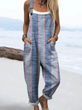 Wome'S Holiday Style Stripe Pattern Print Casual Cotton Wide Leg Jumpsuit
