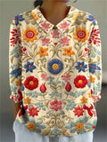 Women's Vintage Flower Art Print Casual Cotton And Linen 3/4 Sleeve Shirt