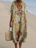 Women's Vintage Lovely Floral Pattern Art Print Casual Cotton Linen V-neck Shirt