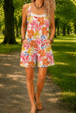 Women’s Orange Pink Tropical Floral Print Casual Cotton Wide Leg Romper