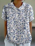 Women's Simple Small Blue Flowers Print Casual Cotton And Linen Shirt