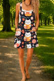 Women’s Navy Cartoon Cat Print Casual Cotton Wide Leg Romper