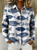 Geometric Fish Decorative Pattern Casual Shirt Collar Long Sleeve Sweater