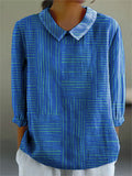 Women's Blue Stripes Art Print Casual Cotton And Linen 3/4 Sleeve Shirt