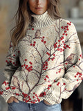 Women's Lovely Floral Birds Art Print Knit Turtleneck Pullover Sweater RM108