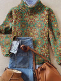 Women's Vintage Lovely Floral Art Print Knit Turtleneck Pullover Sweater RM075