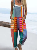 Women's Abstract Geometric Pattern Art Print Casual Cotton Linen Wide Leg Jumpsuit