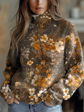 Women's Vintage Floral Art Print Knit Turtleneck Pullover Sweater RM054