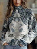 Women's Vintage Art Ethnic Flower Print Knit Turtleneck Pullover Sweater RM091