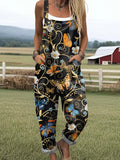 Women's Retro Art Butterfly Flower Festival Print Casual Cotton Linen Wide Leg Jumpsuit RJ048