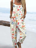 Women's Vintage Flowers Art Print Casual Cotton Linen Wide Leg Jumpsuit RJ011