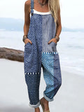 Women's Retro Abstract Dot Stripe Art Print Casual Cotton Linen Wide Leg Jumpsuit RJ029