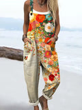 Women's Vintage Flower Art Print Casual Cotton Linen Wide Leg Jumpsuit RJ016