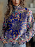 Vintage Blue Ethnic Pattern Print Knit Turtleneck Pullover Sweater RM101