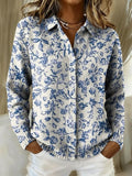 Women's Blue Floral Print Art Printed Collared Sweater RSNA1116