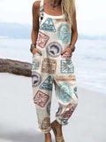 Wome'S Holiday Style Vintage Marine Stamp Pattern Print Casual Cotton Wide Leg Jumpsuit