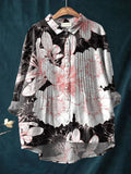 Women's Beautiful Abstract Large Flower Painting Art Print Casual Cotton And Linen Ruffle Shirt