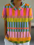 Women's Abstract Geometric Pattern Art Print Casual Cotton And Linen 3/4 Sleeve Shirt