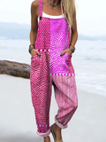 Women's Vintage Artistic Polka Dot Stripes Print Casual 100% Cotton Wide Leg Jumpsuit