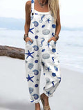 Wome's Watercolor Starfish Seahorse Conch Print Casual Cotton Wide Leg Jumpsuit
