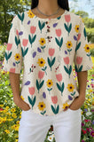 Womens Cream Tulip Print Casual Henley Shirt