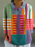 Women's Abstract Geometric Pattern Art Print Casual Cotton And Linen Shirt