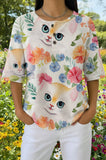 Womens White Floral Multi-Color Cat Print Casual Shirt