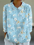 Women's Vintage Floral Art Print Casual Cotton And Linen 3/4 Sleeve Shirt