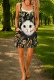Women’s Black Big Cat Print Casual Cotton Wide Leg Romper
