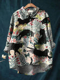 Vintage Lovely Cats Floral Art Print Casual Cotton And Linen Shirt