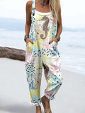 Wome'S Holiday Style Creative Abstract Watercolor Marine Pattern Print Casual Cotton Wide Leg Jumpsuit