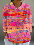Women's Vintage Art Print Casual Cotton And Linen 3/4 Sleeve Shirt