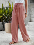 Women's Cotton Vacation Elastic Waist Lace-up Loose Wide Leg Solid Color Casual Pants