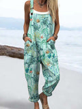 Women's Vintage Ocean Marine Turtle Print Casual Cotton Wide Leg Jumpsuit