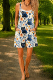 Women’s White Blue Cat Floral Print Casual Cotton Wide Leg Romper