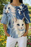 Womens Blue Floral White Cat Print Casual Shirt
