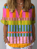 Women's Abstract Geometric Pattern Art Print Casual Cotton And Linen 3/4 Sleeve Shirt