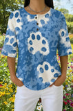 Womens Blue Tie-Dye Paw Print Casual Shirt