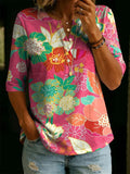 Women’s Vintage Floral Print Casual Half Sleeve Henley Cotton Top RSST203