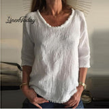 Women's Cotton Linen Solid Color Casual Loose Crew Neck T-Shirt