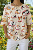 Womens Beige Cartoon Cat Mushroom Print Casual Shirt