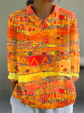 Women's Vintage Art Print Casual Cotton And Linen 3/4 Sleeve Shirt