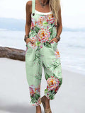Wome's Watercolor Art Rose Pattern Print Casual Cotton Wide Leg Jumpsuit