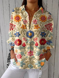 Women's Vintage Flower Art Print Casual Cotton And Linen 3/4 Sleeve Shirt
