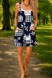 Women’s Navy Plaid Cat Print Casual Cotton Wide Leg Romper
