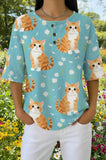 Womens Blue Polka Dot Orange Cat Print Casual Shirt