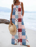 Women's Independence Day Plaid Floral Pattern Loose Linen Material Jumpsuits