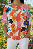 Womens Colorful Pop Art Floral Print Casual Waffle Cotton Shirt